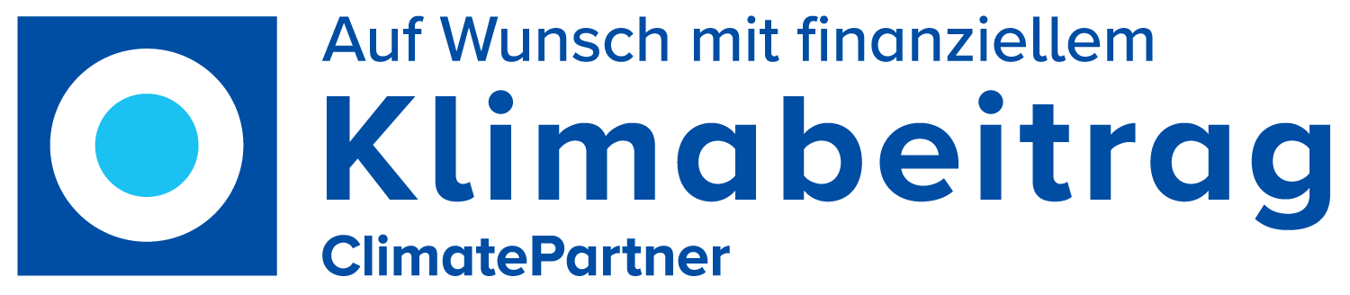 Badge mit der Aufschrift: Auf Wunsch mit finanziellem Klimabeitrag ClimatePartner