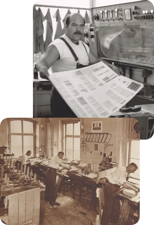 Schwarz-weiß Foto von Mann an einer alten Maschine und altes Foto der Druckerei